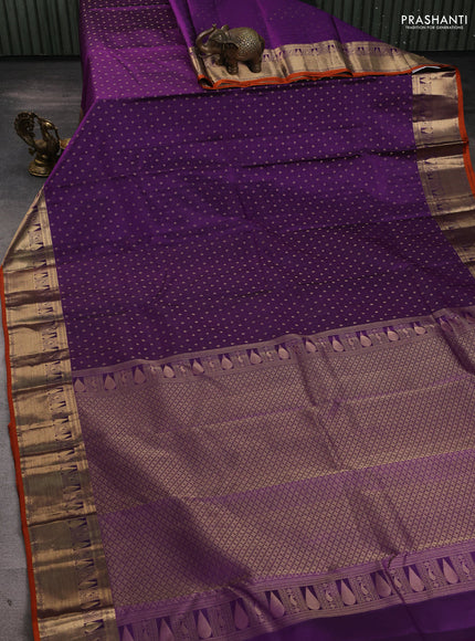 Pure kanchipuram silk saree purple and orange with allover zari woven 1000 buttas and rich zari woven border