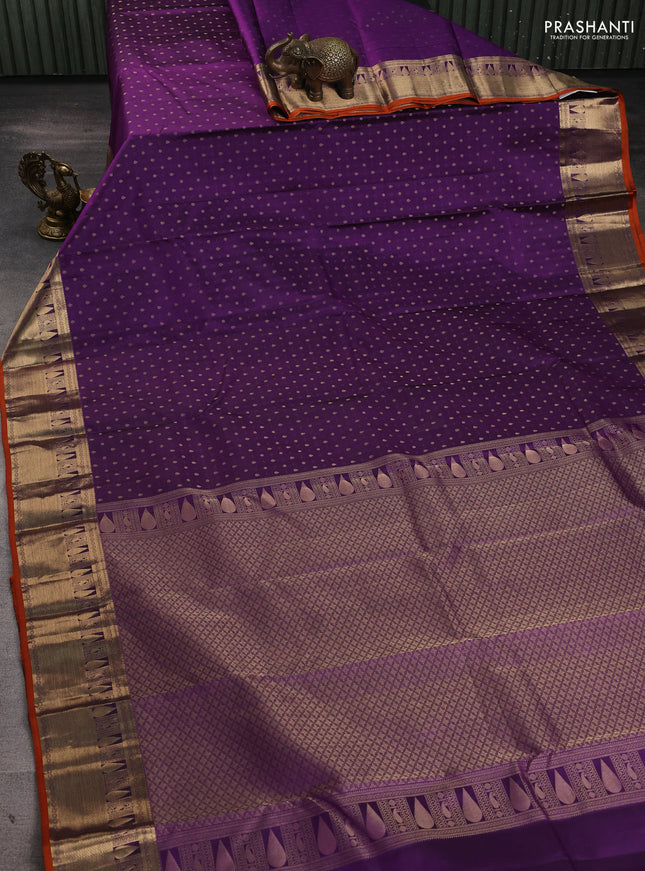 Pure kanchipuram silk saree purple and orange with allover zari woven 1000 buttas and rich zari woven border