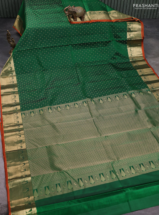 Pure kanchipuram silk saree green and orange with allover zari woven 1000 buttas and rich zari woven border