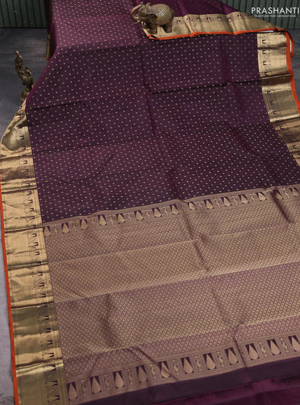 Pure kanchipuram silk saree coffee brown and orange with allover zari woven 1000 buttas and rich zari woven border