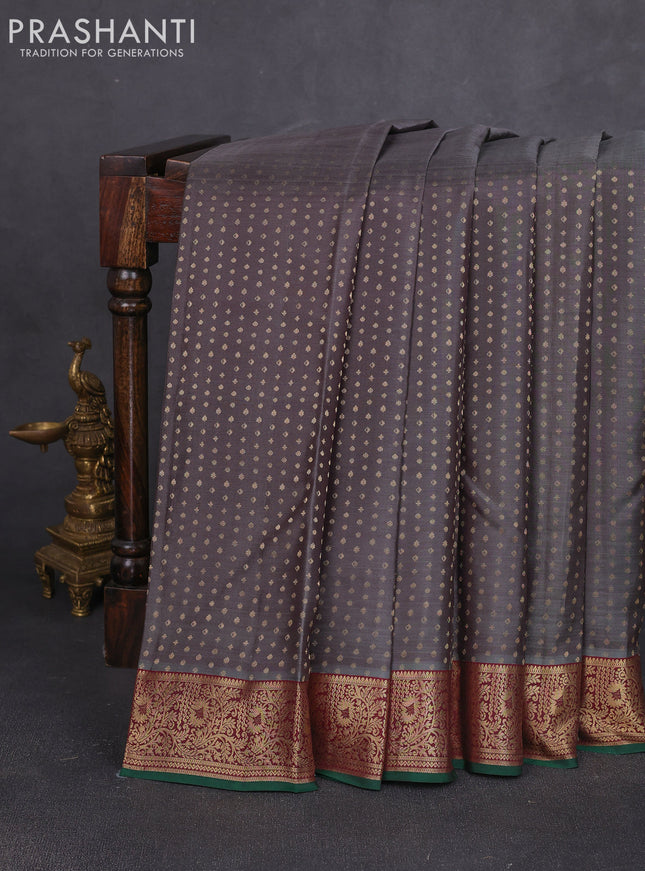 Pure kanchipuram silk saree grey and green with allover zari woven 1000 buttas and zari woven border