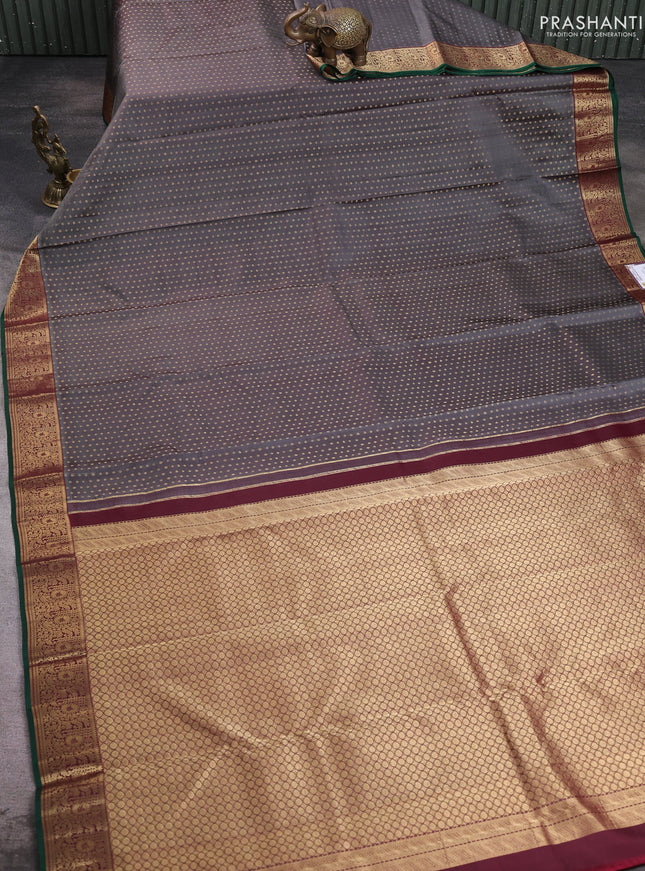 Pure kanchipuram silk saree grey and green with allover zari woven 1000 buttas and zari woven border