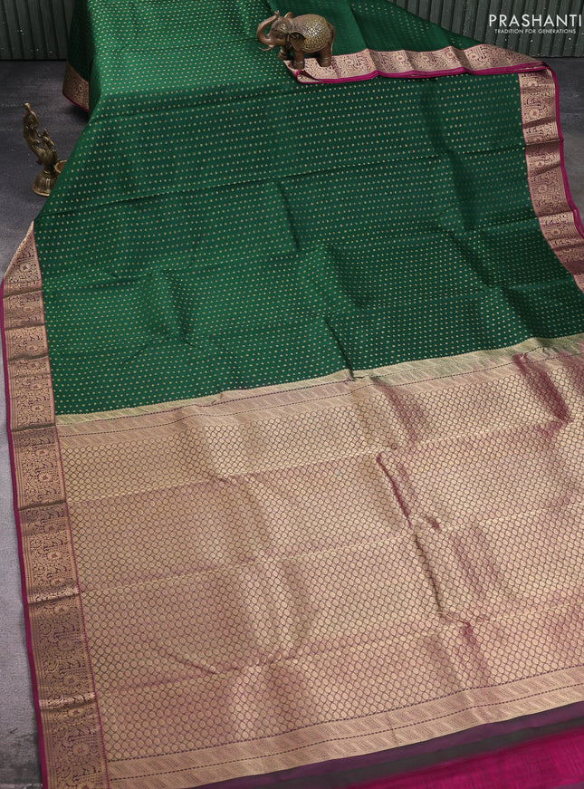 Pure kanchipuram silk saree bottle green and magenta pink with allover zari woven 1000 buttas and zari woven border