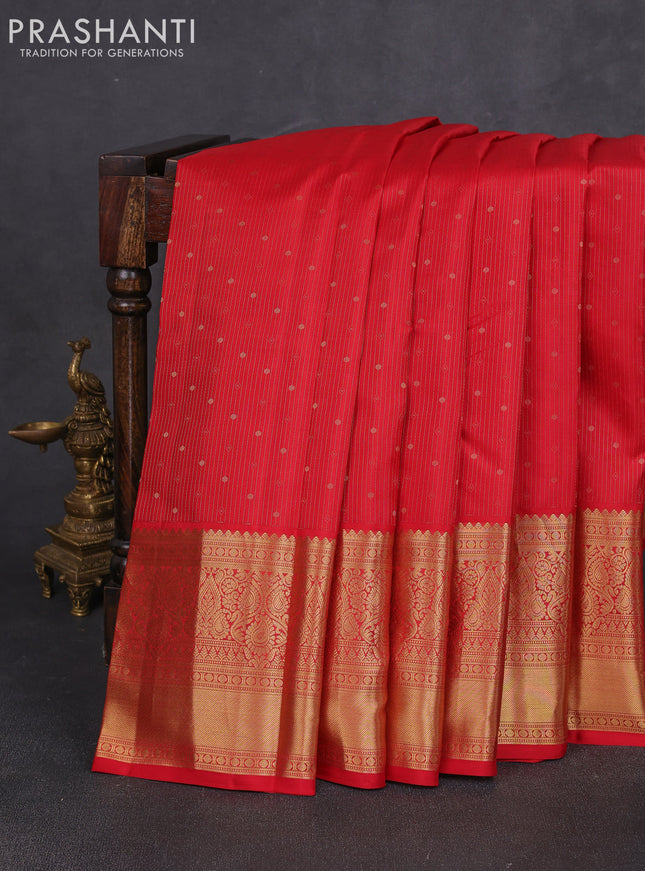 Pure kanchipuram silk saree red with allover stripe zari woven 1000 buttas and long zari woven border