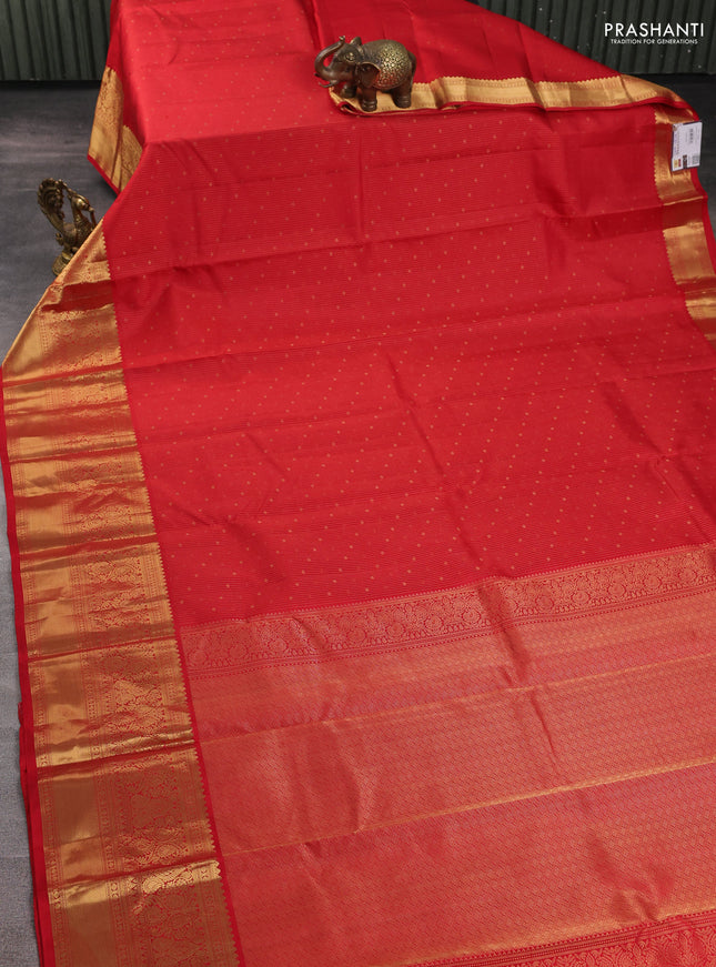 Pure kanchipuram silk saree red with allover stripe zari woven 1000 buttas and long zari woven border