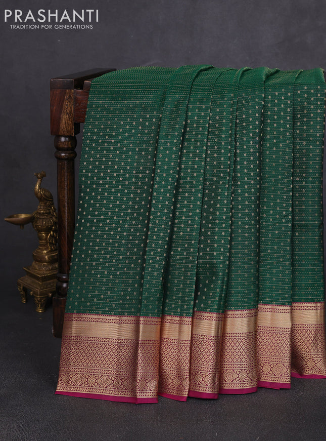 Pure kanchipuram silk saree bottle green and magenta pink with allover zari weaves & 1000 buttas and zari woven border