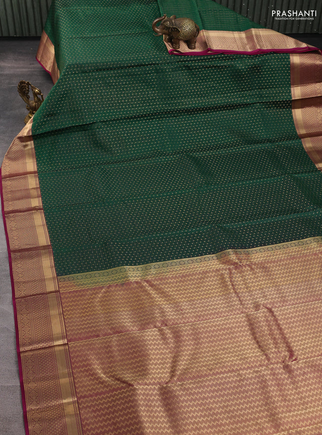Pure kanchipuram silk saree bottle green and magenta pink with allover zari weaves & 1000 buttas and zari woven border