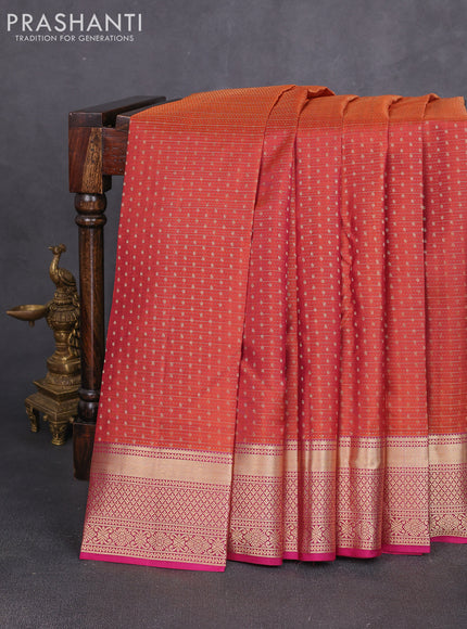 Pure kanchipuram silk saree rust shade and magenta pink with allover zari weaves & 1000 buttas and zari woven border
