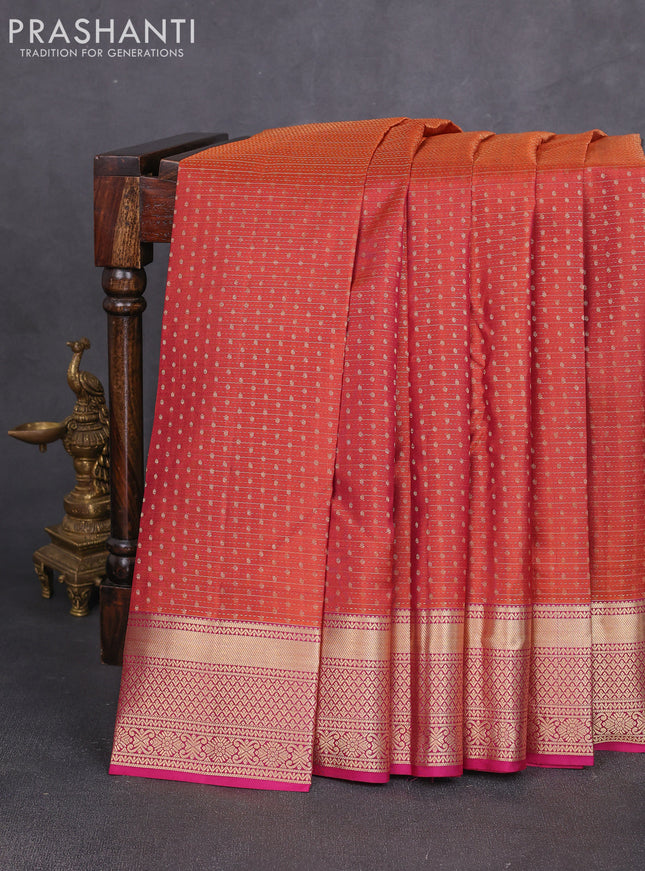 Pure kanchipuram silk saree rust shade and magenta pink with allover zari weaves & 1000 buttas and zari woven border