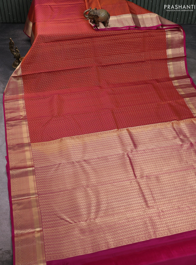 Pure kanchipuram silk saree rust shade and magenta pink with allover zari weaves & 1000 buttas and zari woven border