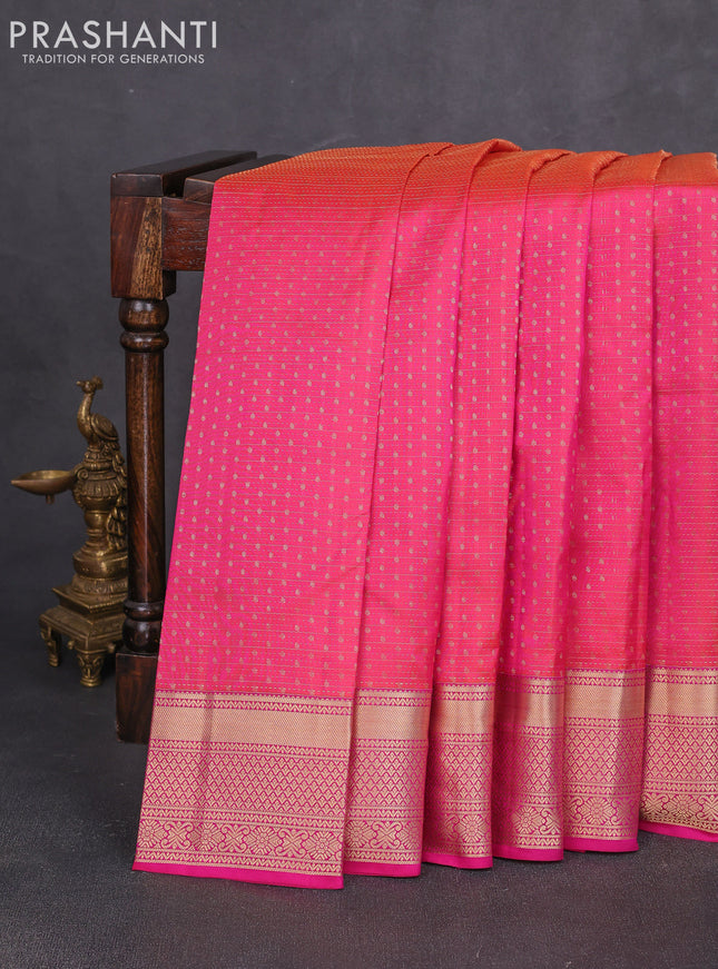Pure kanchipuram silk saree dual shade of pinkish orange and pink with allover zari weaves & 1000 buttas and zari woven border