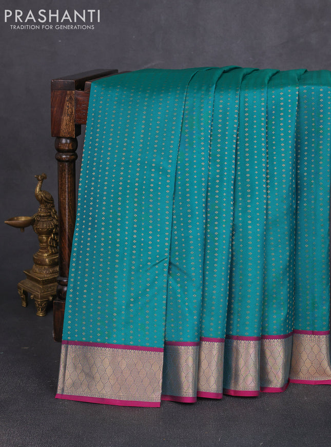 Pure kanchipuram silk saree teal green and pink with allover zari woven 1000 buttas and zari woven border