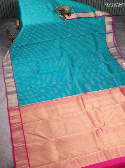 Pure kanchipuram silk saree teal green and pink with allover zari woven 1000 buttas and zari woven border