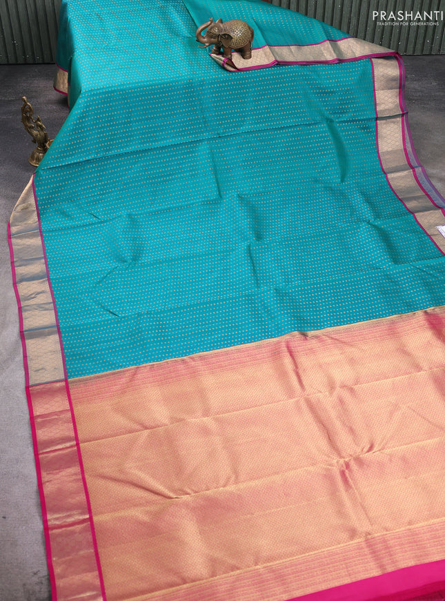 Pure kanchipuram silk saree teal green and pink with allover zari woven 1000 buttas and zari woven border