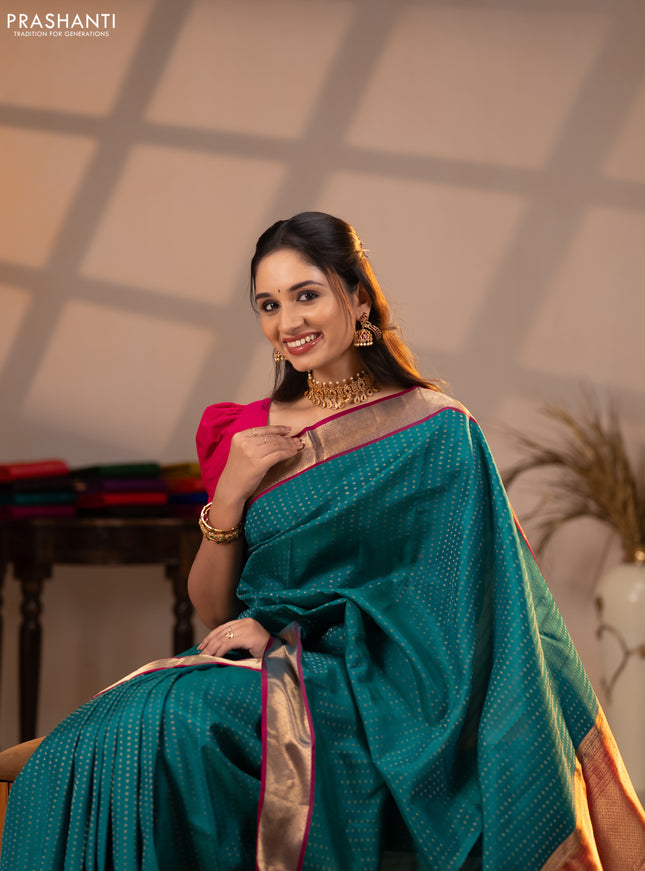 Pure kanchipuram silk saree bottle green and magenta pink with allover zari woven 1000 buttas and zari woven border