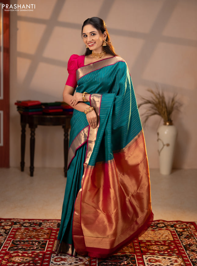 Pure kanchipuram silk saree bottle green and magenta pink with allover zari woven 1000 buttas and zari woven border
