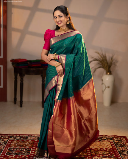 Pure kanchipuram silk saree bottle green and magenta pink with allover zari woven 1000 buttas and zari woven border