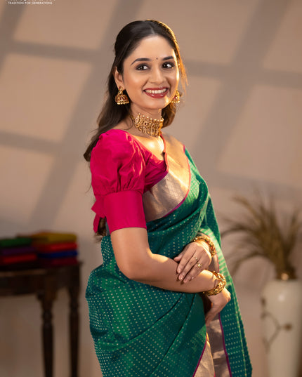 Pure kanchipuram silk saree bottle green and magenta pink with allover zari woven 1000 buttas and zari woven border