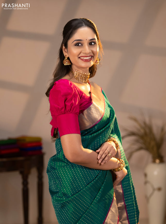 Pure kanchipuram silk saree bottle green and magenta pink with allover zari woven 1000 buttas and zari woven border