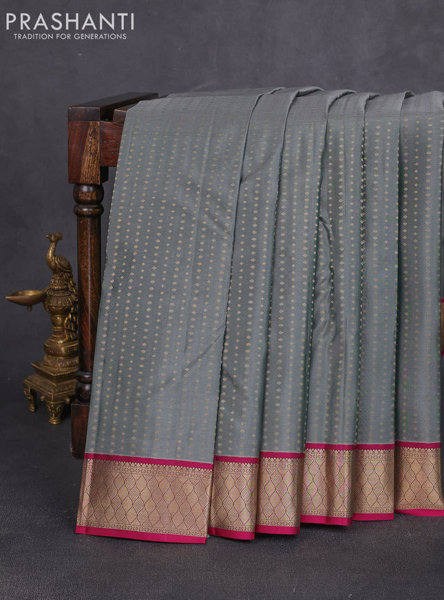 Pure kanchipuram silk saree grey and pink with allover zari woven 1000 buttas and zari woven border