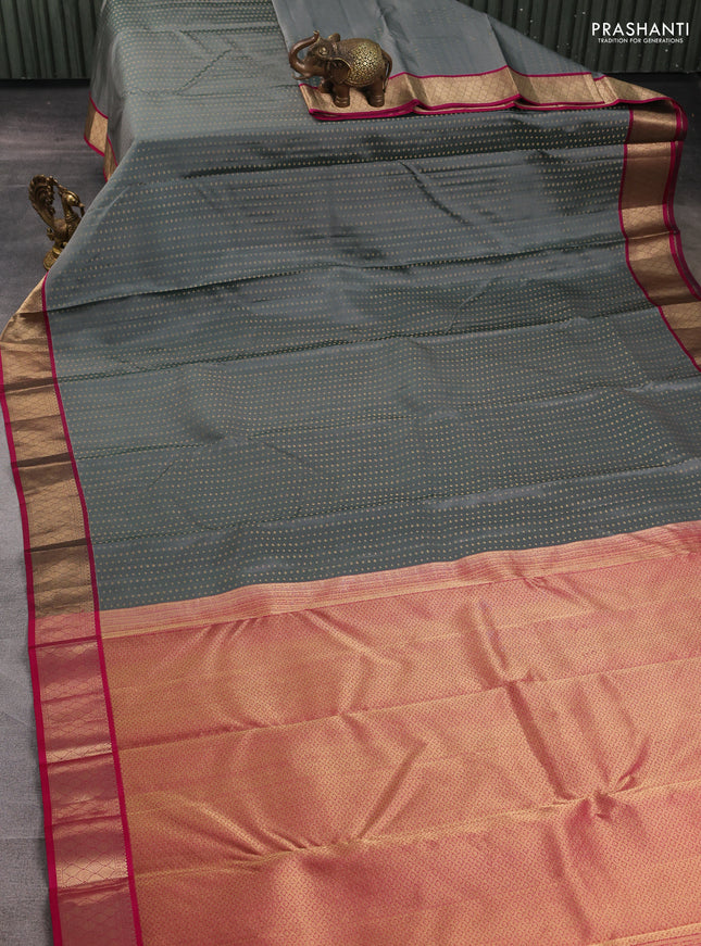Pure kanchipuram silk saree grey and pink with allover zari woven 1000 buttas and zari woven border