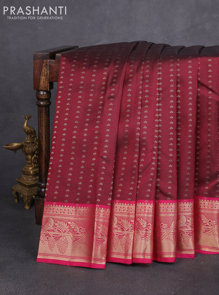 Pure kanchipuram silk saree wine shade and magenta pink with allover zari woven 1000 buttas and zari woven border