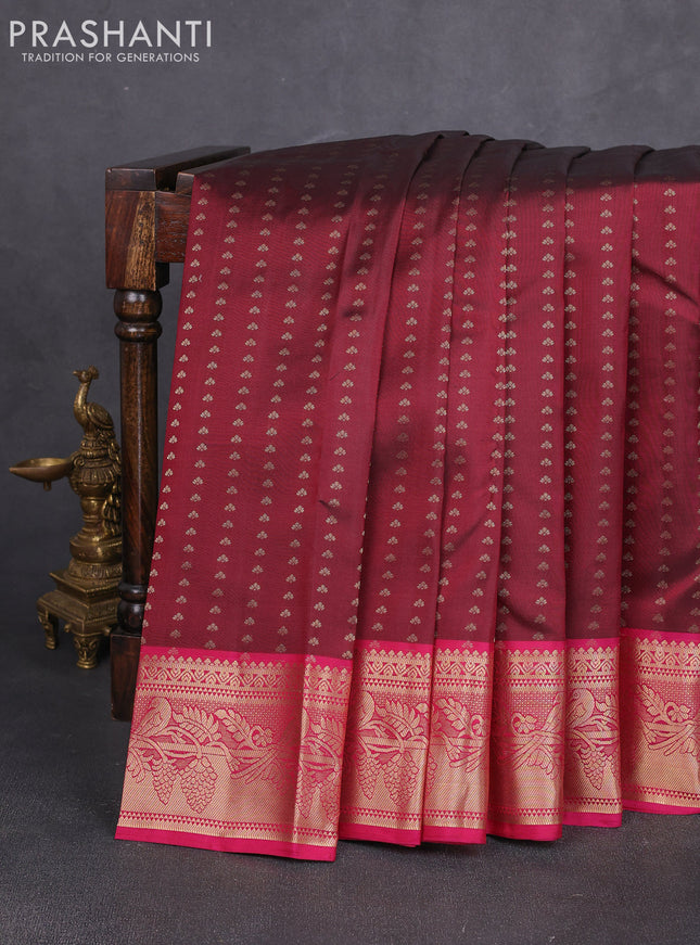 Pure kanchipuram silk saree wine shade and magenta pink with allover zari woven 1000 buttas and zari woven border