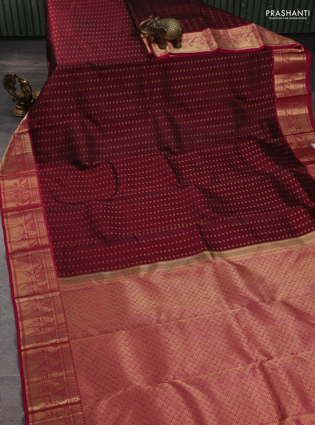 Pure kanchipuram silk saree wine shade and magenta pink with allover zari woven 1000 buttas and zari woven border