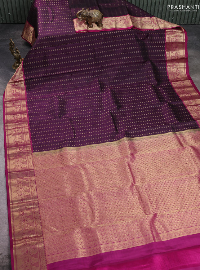 Pure kanchipuram silk saree deep wine shade and pink with allover zari woven 1000 buttas and zari woven border