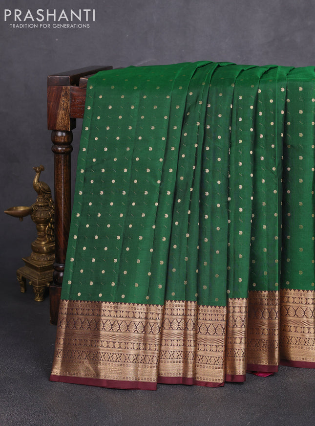 Pure kanchipuram silk saree green and coffee brown with allover zari woven 1000 buttas and zari woven border