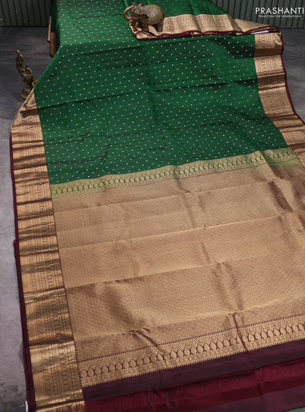 Pure kanchipuram silk saree green and coffee brown with allover zari woven 1000 buttas and zari woven border