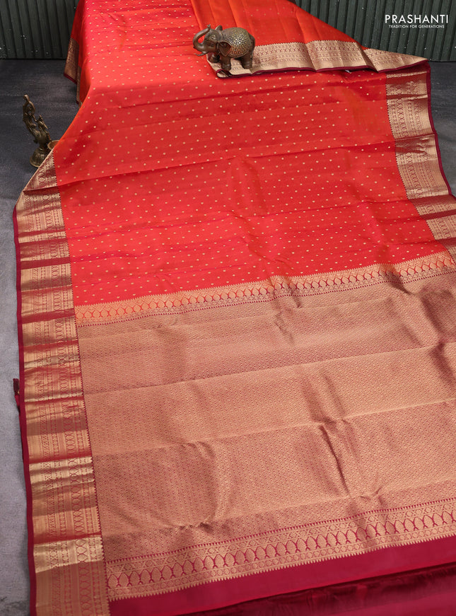 Pure kanchipuram silk saree orange and maroon with allover zari woven 1000 buttas and zari woven border