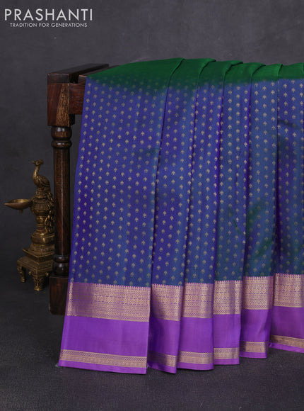 Pure kanchipuram silk saree dual shade of bluish green and lavender with allover zari woven 1000 buttas and rettapet zari woven border