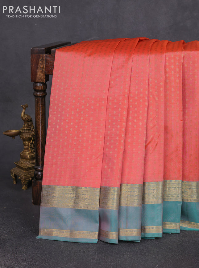 Pure kanchipuram silk saree peach shade and teal green with allover zari woven 1000 buttas and rettapet zari woven border