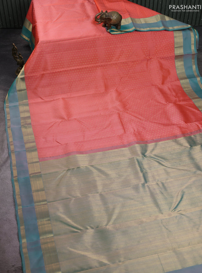 Pure kanchipuram silk saree peach shade and teal green with allover zari woven 1000 buttas and rettapet zari woven border