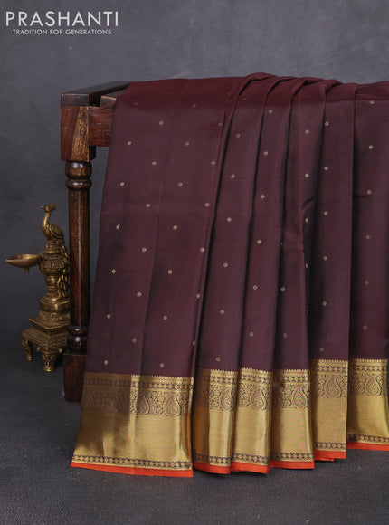 Pure kanchipuram silk saree coffee brown and orange with allover zari woven 1000 buttas and rich zari woven border