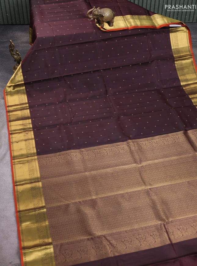 Pure kanchipuram silk saree coffee brown and orange with allover zari woven 1000 buttas and rich zari woven border