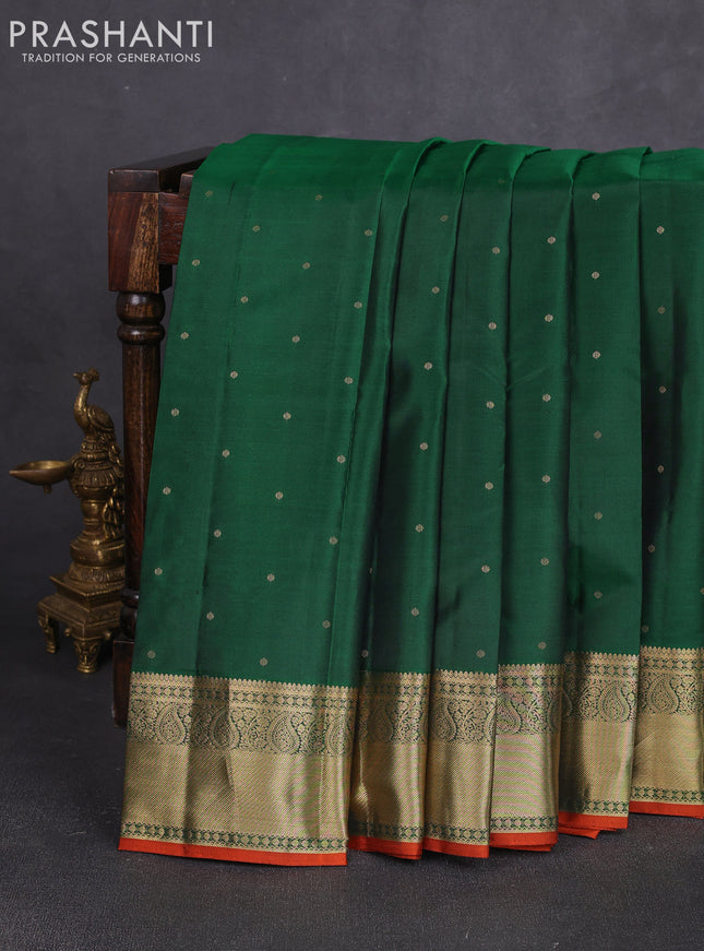 Pure kanchipuram silk saree bottle green and orange with allover zari woven 1000 buttas and rich zari woven border