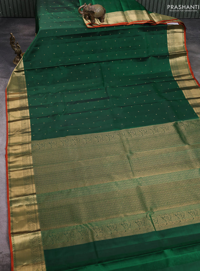 Pure kanchipuram silk saree bottle green and orange with allover zari woven 1000 buttas and rich zari woven border