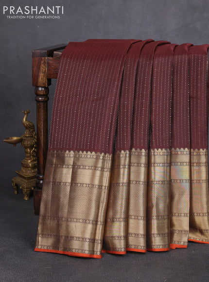 Pure kanchipuram silk saree coffee brown and orange with allover zari woven 1000 buttas and long zari woven buttas