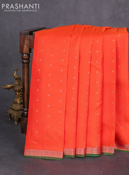 Pure kanchipuram silk saree orange and pink with allover stripe & zari woven 1000 buttas and small zari woven border