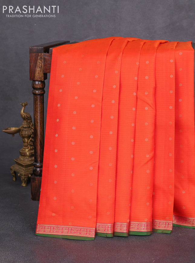Pure kanchipuram silk saree orange and pink with allover stripe & zari woven 1000 buttas and small zari woven border