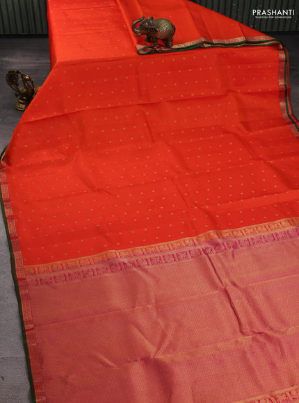 Pure kanchipuram silk saree orange and pink with allover stripe & zari woven 1000 buttas and small zari woven border