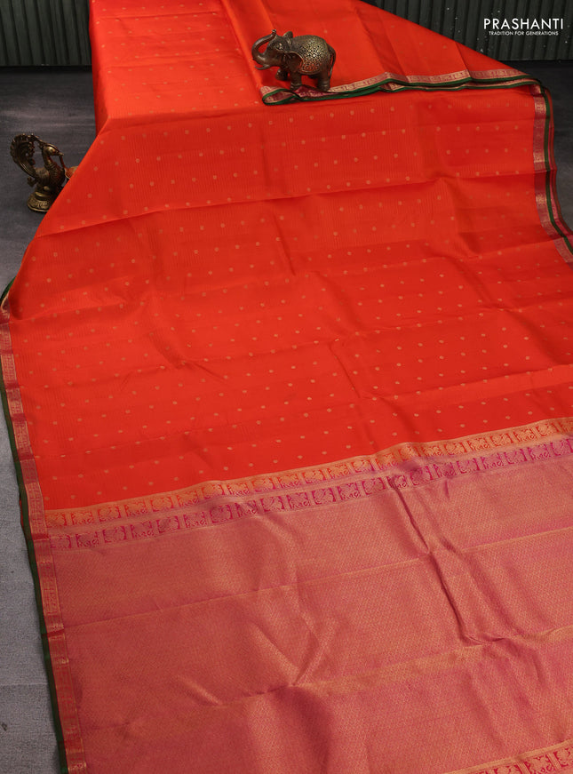 Pure kanchipuram silk saree orange and pink with allover stripe & zari woven 1000 buttas and small zari woven border