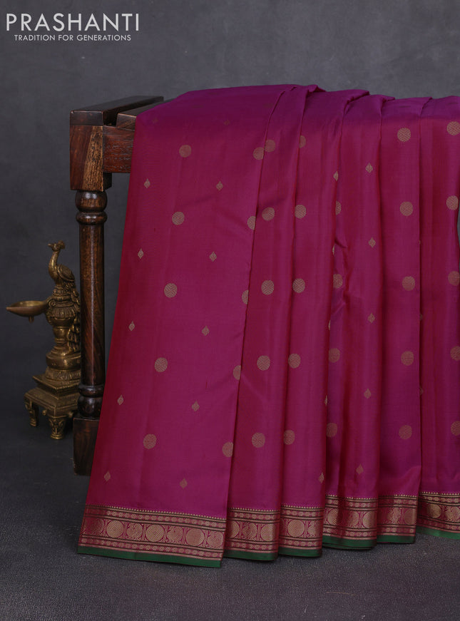 Pure kanchipuram silk saree magenta pink and green with allover zari woven 1000 buttas and small zari woven border