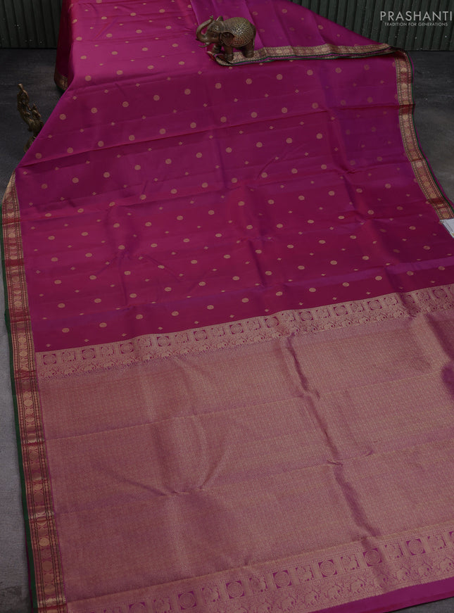Pure kanchipuram silk saree magenta pink and green with allover zari woven 1000 buttas and small zari woven border