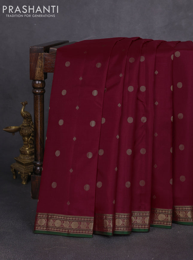 Pure kanchipuram silk saree maroon and green with allover zari woven 1000 buttas and small zari woven border