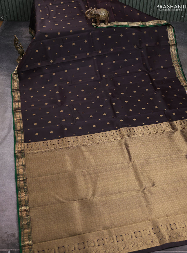 Pure kanchipuram silk saree coffee brown and green with allover zari woven 1000 buttas and small zari woven border