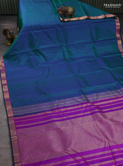 Pure kanchipuram silk saree dual shade of bluish green and pink with allover zari woven 1000 buttas and small zari woven border