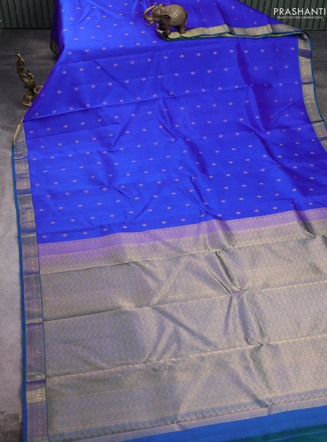 Pure kanchipuram silk saree royal blue and green with allover zari woven 1000 buttas and small zari woven border
